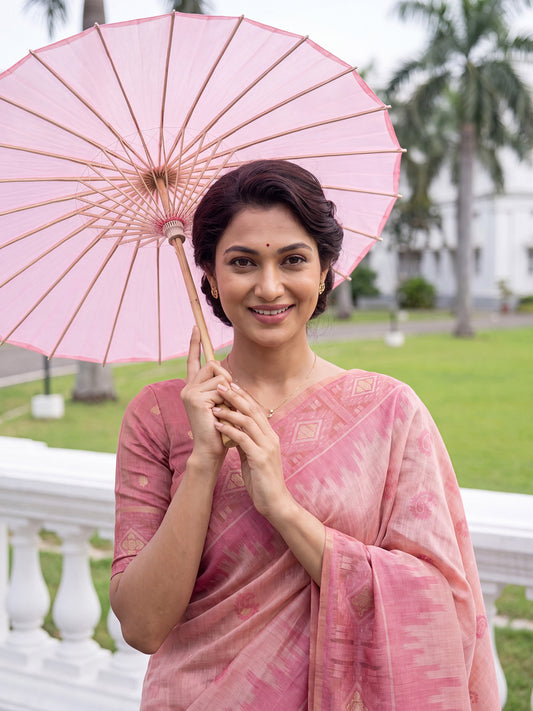 Pink Gold Zari Diamond Butta & Paisley Cotton Saree