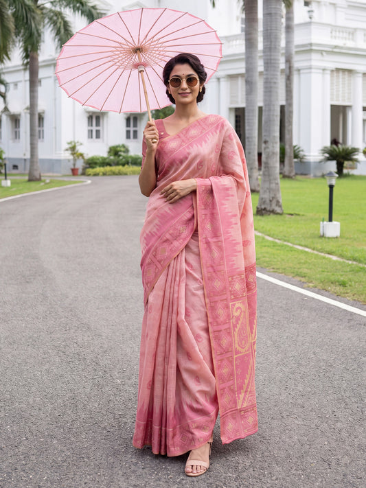 Pink Gold Zari Diamond Butta & Paisley Cotton Saree