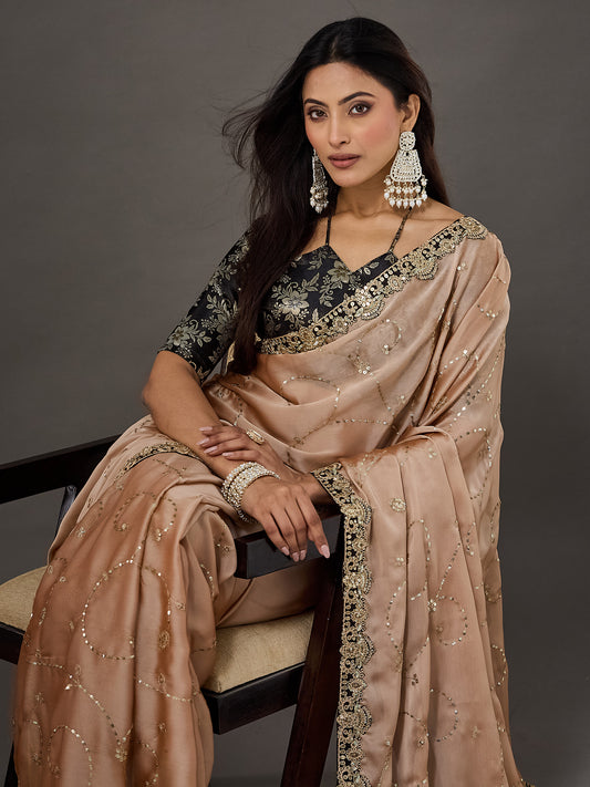 Champagne Gold Zari Vine Embroidery Georgette Saree