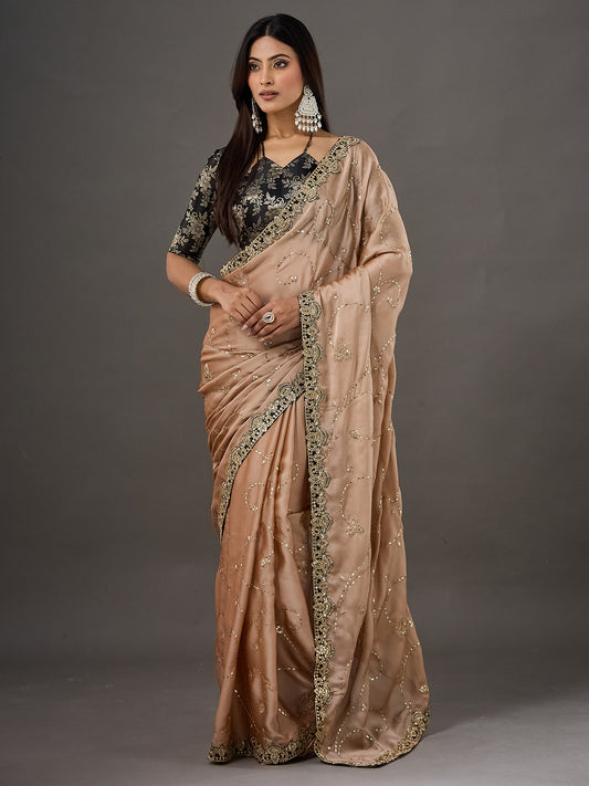 Champagne Gold Zari Vine Embroidery Georgette Saree