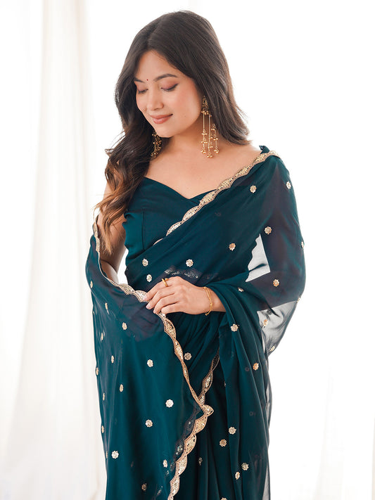 Teal Green Golden Border & Butti Work Georgette Saree