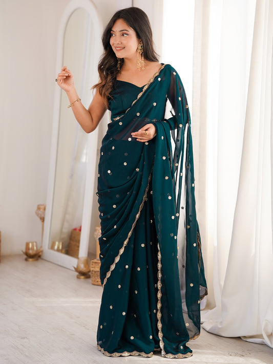 Teal Green Golden Border & Butti Work Georgette Saree