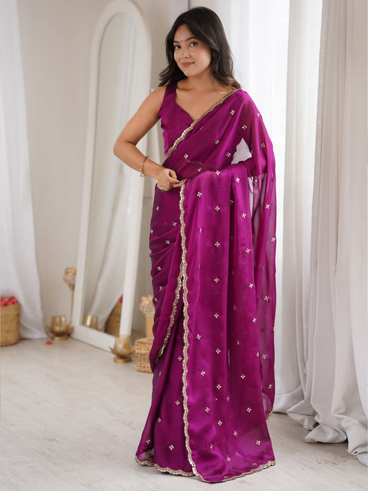 Wine Purple Pure Georgette Saree with Scalloped Gota Patti Border