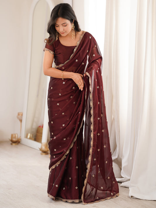Dark Coffee Brown Pure Georgette Saree with Scalloped Gota Patti Border