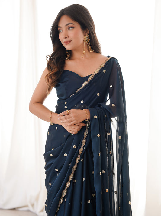 Midnight Navy Blue Pure Georgette Saree with Scalloped Gota Patti Border