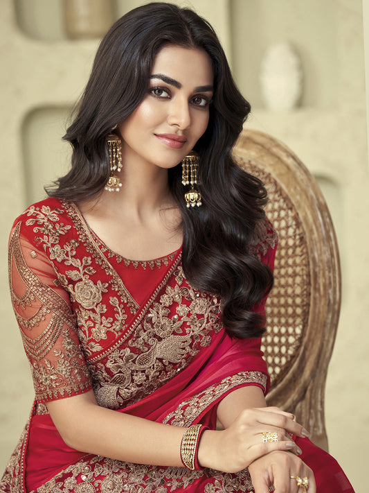Red Georgette Striped Saree