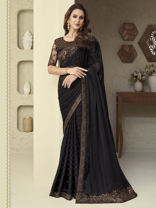 Black Silk Blend Embroidered Lace saree