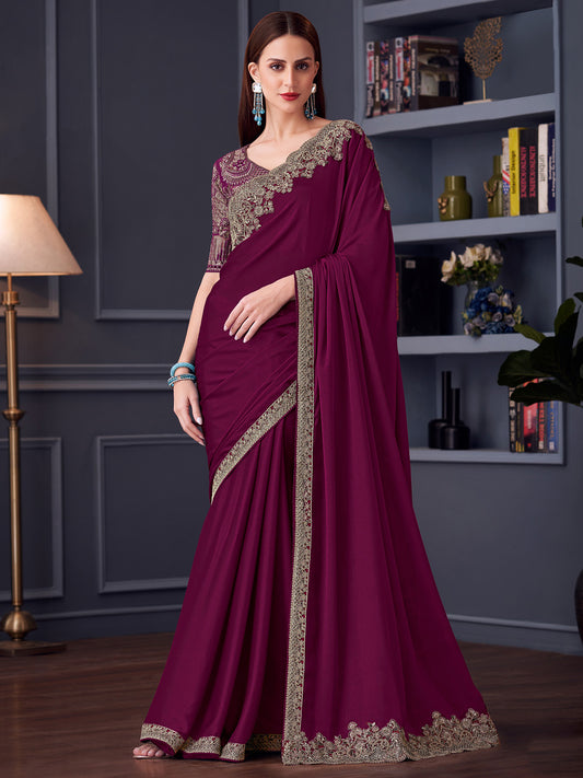 Wine Silk Blend Embroidered Border Matching Blouse Saree