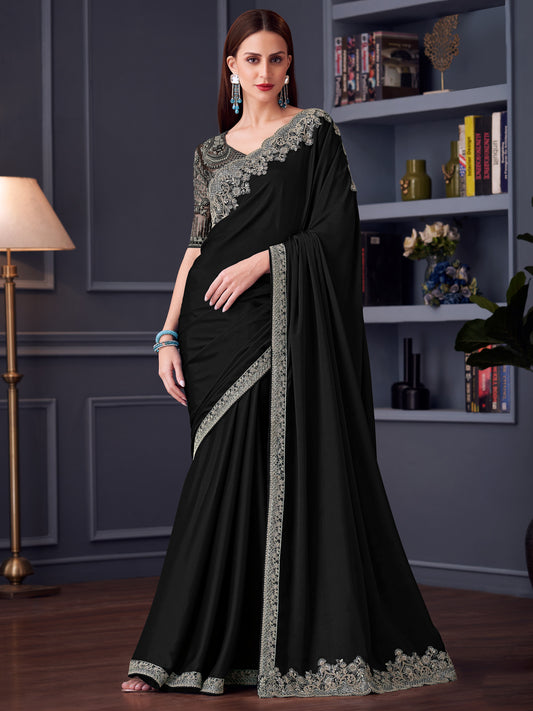 Black : Chiffon / Georgette : Silver Embroidered Border : Designer Blouse Saree
