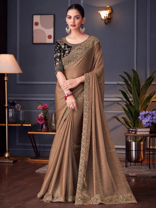 Golden Brown Polyester Embroidered Saree
