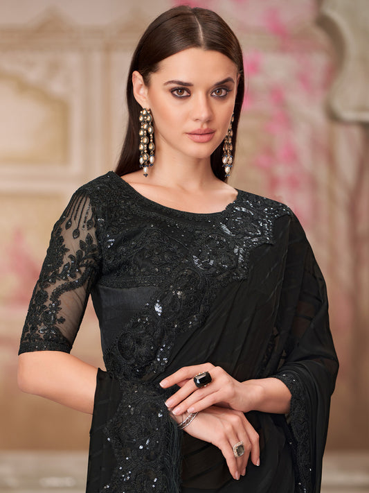 Black Silk Blend Sequin Embroidery Saree