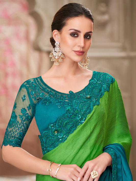 Green Teal Ombre Silk Blend Embroidered Border Designer Blouse Saree