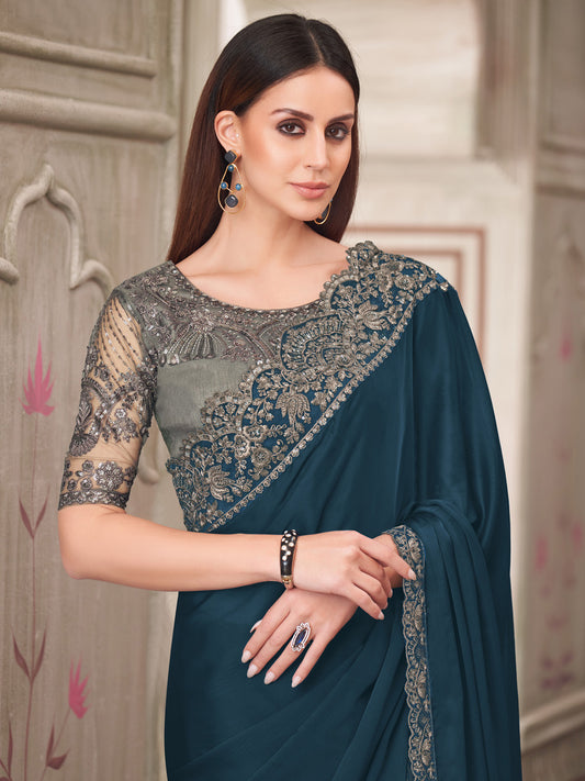 Teal Blue Silk Blend Saree