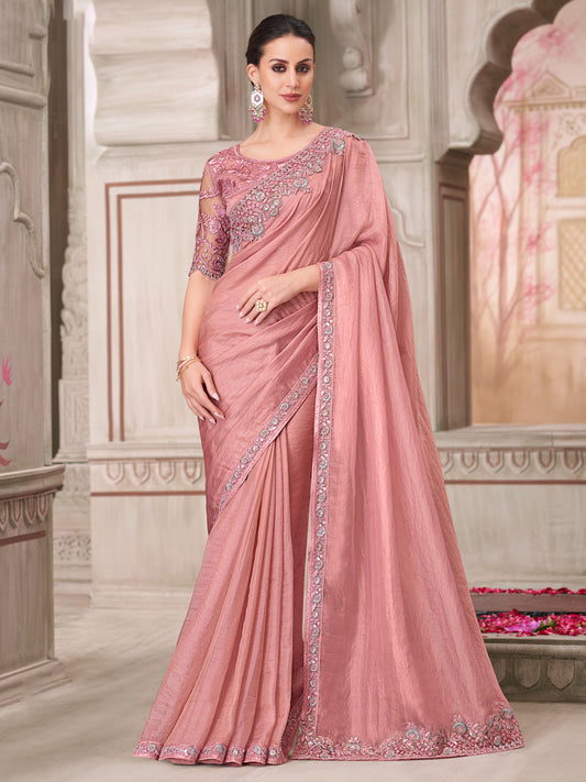 Pink Georgette Heavy Sequin Border Designer Embroidered Blouse Saree