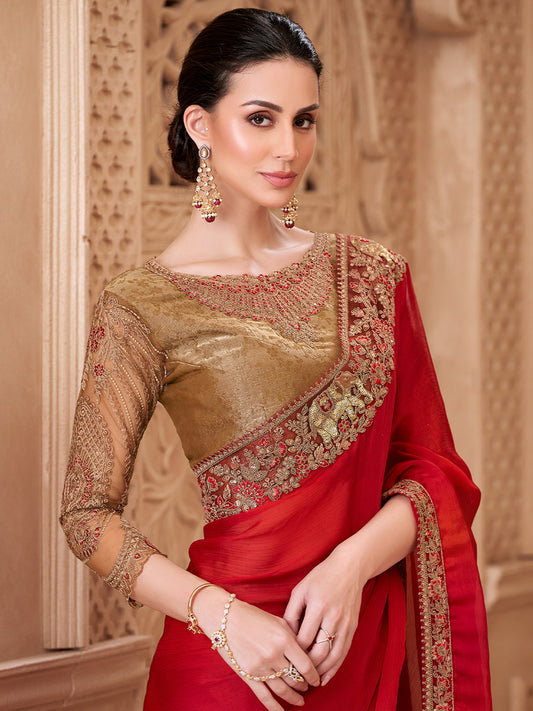 Red Satin Silk Embroidered Border Zari Work Blouse saree