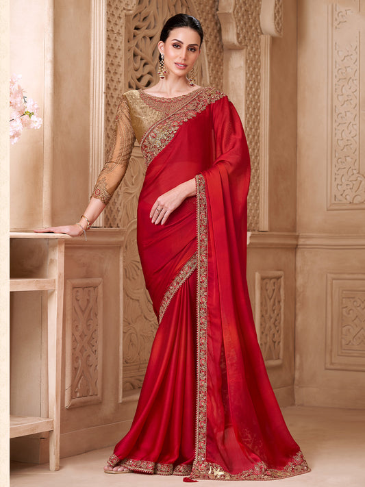 Red Satin Silk Embroidered Border Zari Work Blouse saree