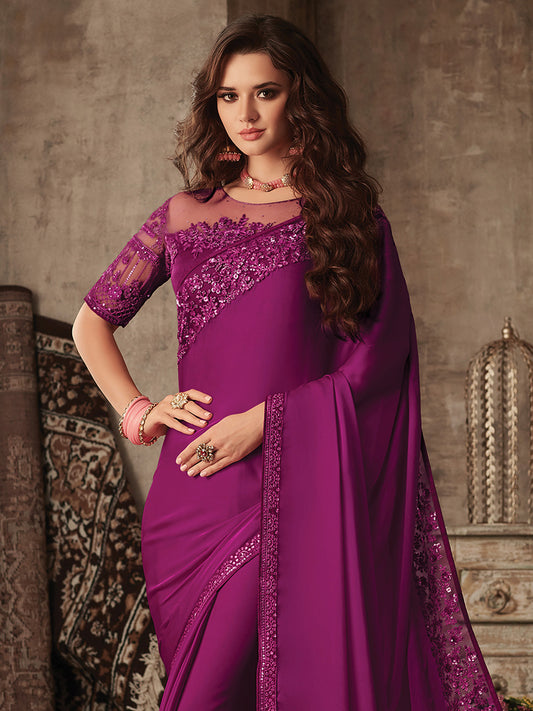 Magenta crape Sequin Embroidery Designer Border saree