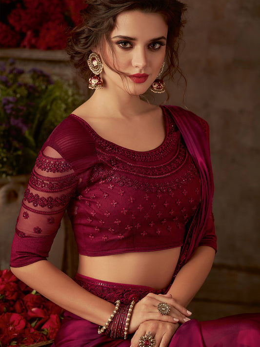 Maroon Georgette Resham Embroidery Saree