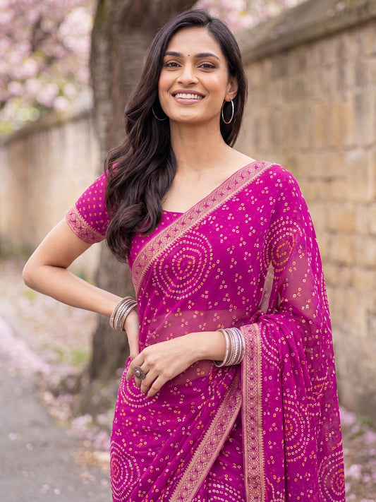Rani Pink Bandhani Print Chiffon Saree