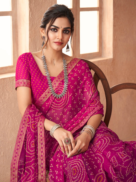 Magenta Pink Georgette Bandhani Print Saree with Zari Border