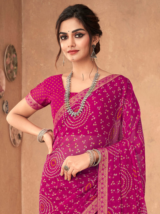 Magenta Pink Georgette Bandhani Print Saree