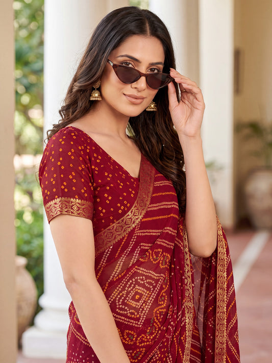Maroon Bandhani Print Chiffon Saree