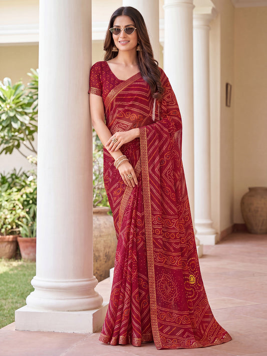 Maroon Bandhani Print Chiffon Saree