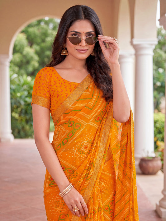 Orange Bandhani & Leheriya Printed Chiffon Saree