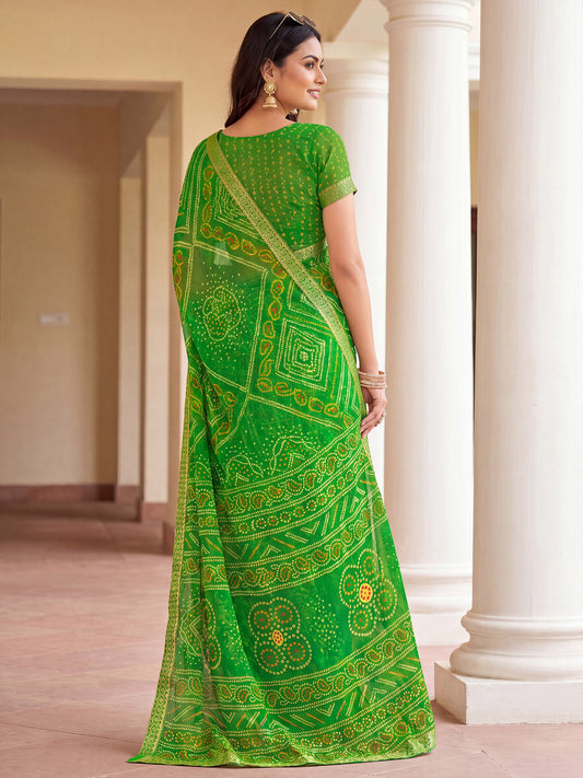 Green Bandhani Digital Printed Chiffon Saree
