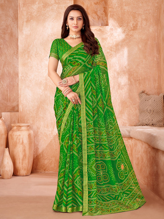 Parrot Green Georgette Bandhani Saree