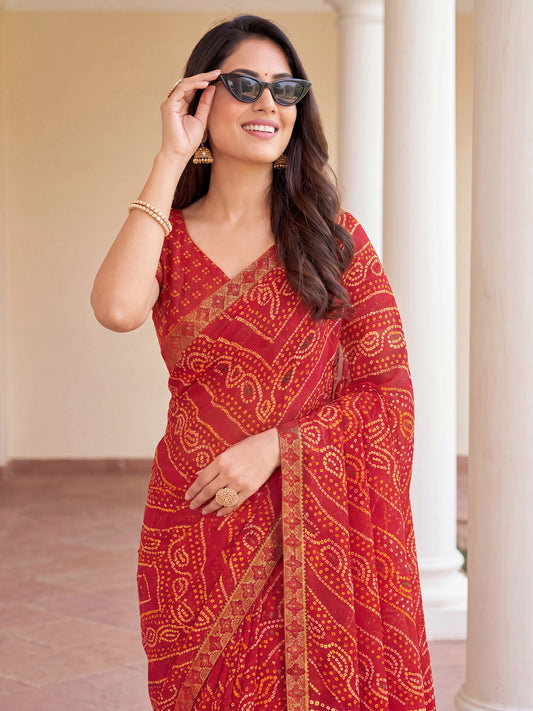 Red Bandhani Digital Print Chiffon Saree