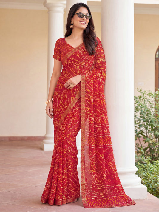 Red Bandhani Digital Print Chiffon Saree
