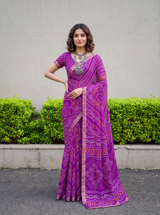 Mridula Magenta Bandhani Chiffon Saree with Embellished Border & Magenta Blouse Piece