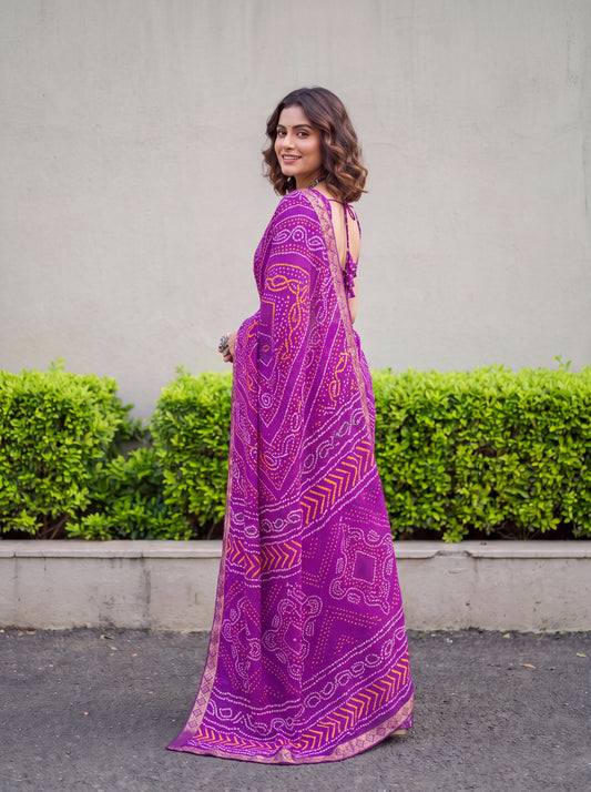 Mridula Magenta Bandhani Chiffon Saree with Embellished Border & Magenta Blouse Piece