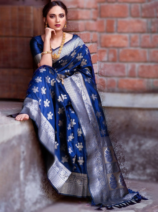 Royal Blue Banarasi Silk Saree with Silver Zari Weave