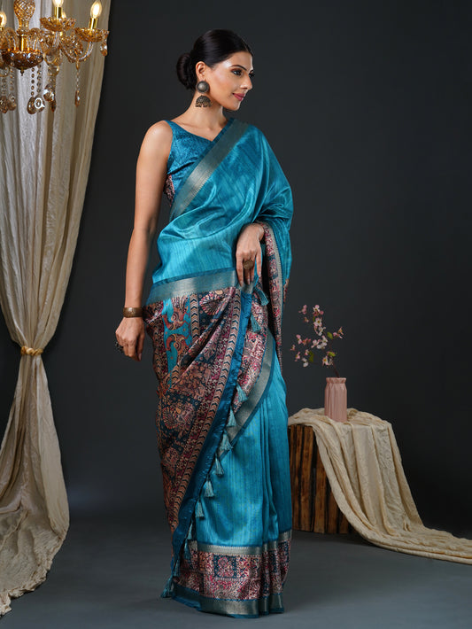 Teal Kalamkari Silk Saree with Zari Border