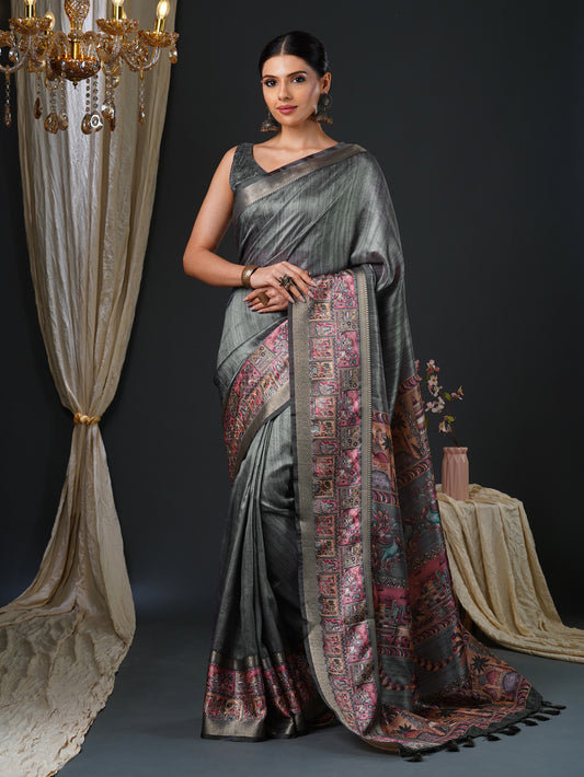 Grey & Multicolor Silk Blend Heritage Banarasi Style Saree