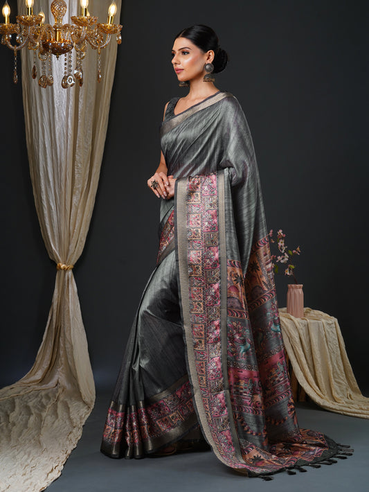 Grey & Multicolor Silk Blend Heritage Banarasi Style Saree