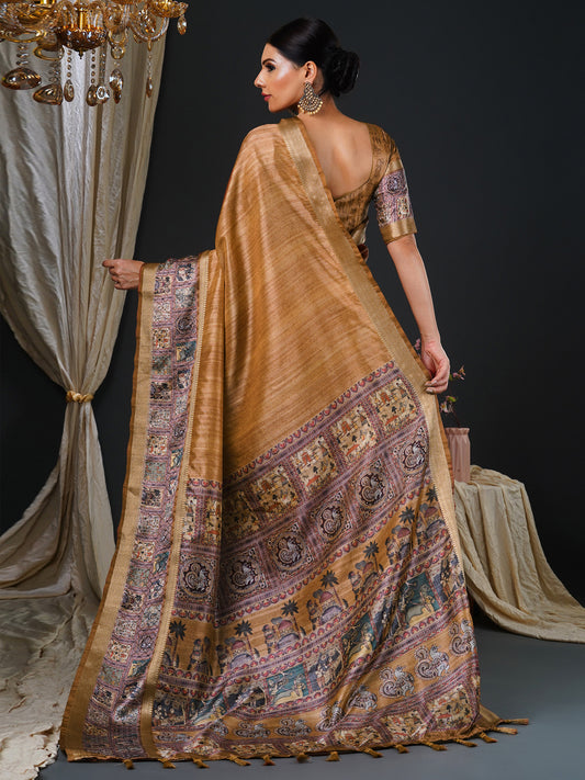 Golden Kalamkari Silk Saree with Banarasi Woven Border