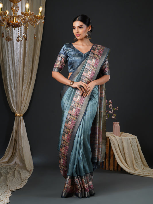 Steel Blue Silk Blend Heritage Ajrakh Print Zari Woven Saree