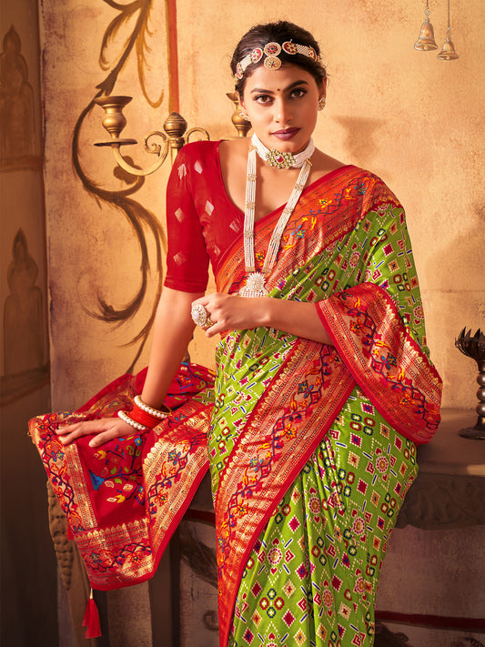 Parrot Green and Red patola Style Silk Blend saree