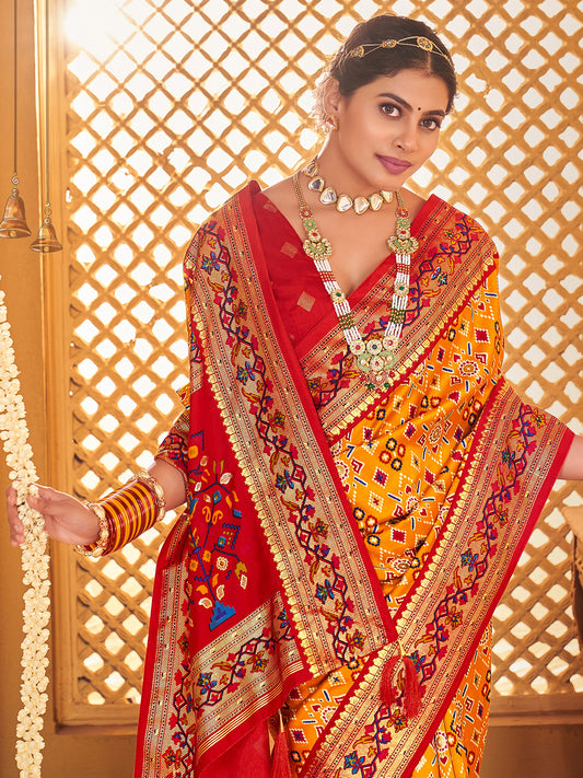 Patola Silk Saree with Red Border & Meenakari Pallu