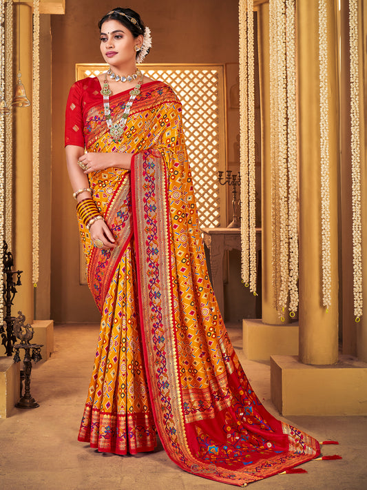 Patola Silk Saree with Red Border & Meenakari Pallu