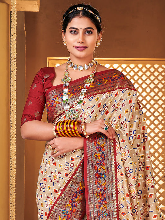 Cream & Maroon Patola Silk Saree