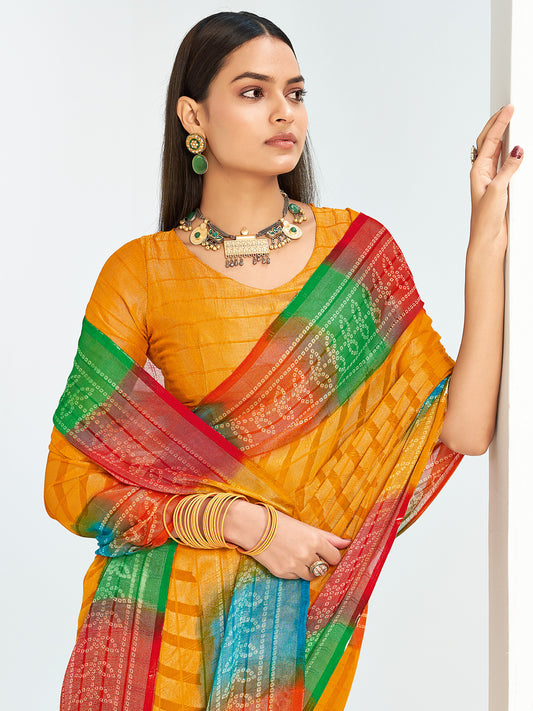 Sona Dhiya Bandhani Georgette Saree in Mango Yellow with Rainbow Border