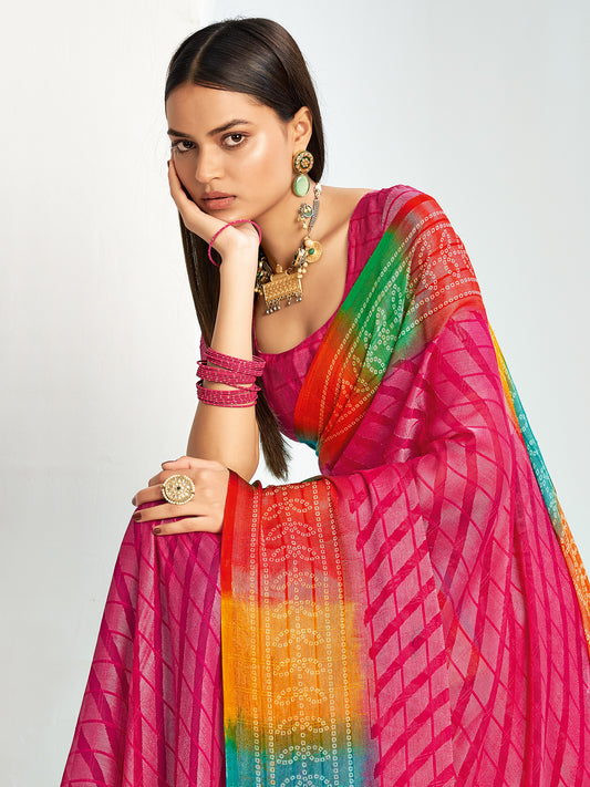 Rani Pink Bandhani Georgette Saree with Rainbow Border