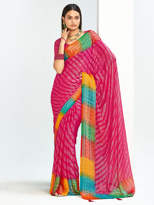 Rani Pink Bandhani Georgette Saree with Rainbow Border