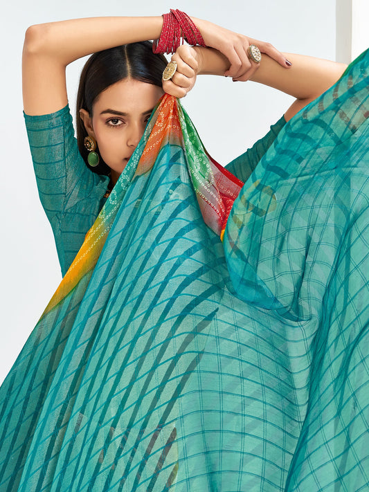 Teal Bandhani Georgette Saree with Rainbow Border