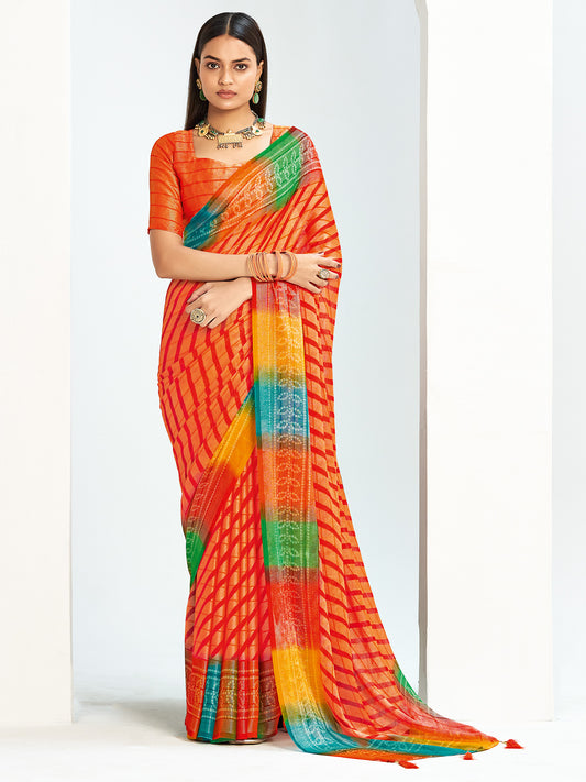 Orange Bandhani Chiffon Saree with Multicolour Rainbow Border |