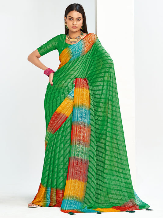 Green Bandhani Georgette Saree with Multicolour Border & Blouse Piece